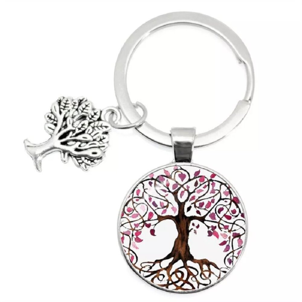 Silver Pink White Tree of Life Bohemian Art Pendant Circle Key Ring Key Holder